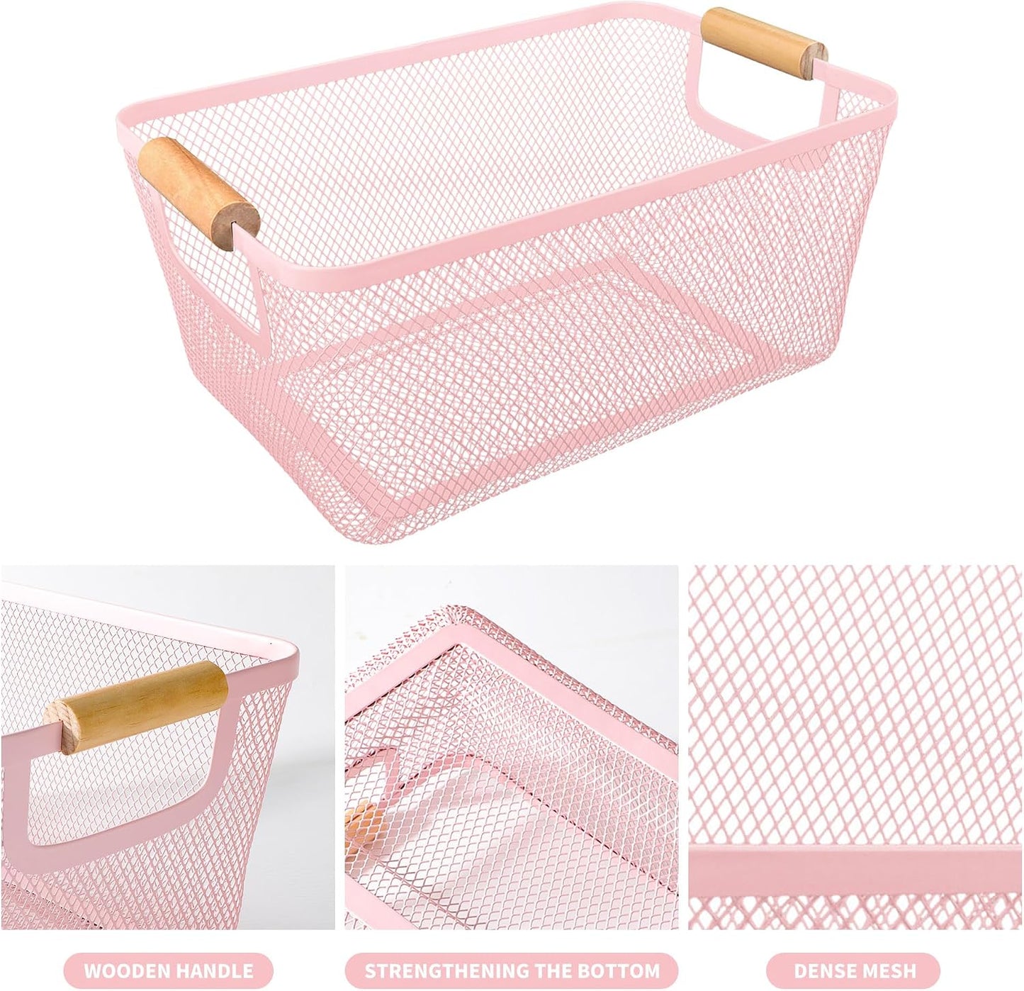 2Pack Metal Mesh Steel Basket with Bamboo Handle - Wire Metal Basket for Kitchen Organization, 12" Wide Food Organizer Bin, Perfect for Organizing Bulk Pantry (WHITE)
