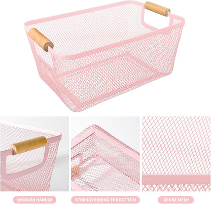 2Pack Metal Mesh Steel Basket with Bamboo Handle - Wire Metal Basket for Kitchen Organization, 12" Wide Food Organizer Bin, Perfect for Organizing Bulk Pantry (WHITE)