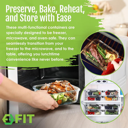FIT Strong & Healthy 2 and 3 Compartment Glass Meal Prep Containers – Glass Bento Box for Adults, Portion Control, Food Storage, Lunch Container, Oven & Freezer Safe, Leak-Proof, 32 oz, Gray, 4 Pack