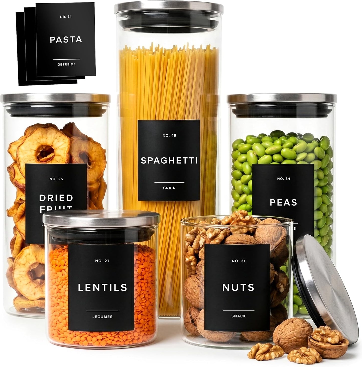 EDELHAUS 2x Large Glass Storage Containers with Airtight Black Lids [135oz/4000ml] | Extra Thick Glass Canisters for Pantry + 63 Labels | Flour Rice Cereal Sugar Coffee Beans Tea