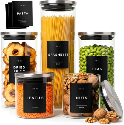 EDELHAUS 2x Large Glass Storage Containers with Airtight Black Lids [135oz/4000ml] | Extra Thick Glass Canisters for Pantry + 63 Labels | Flour Rice Cereal Sugar Coffee Beans Tea