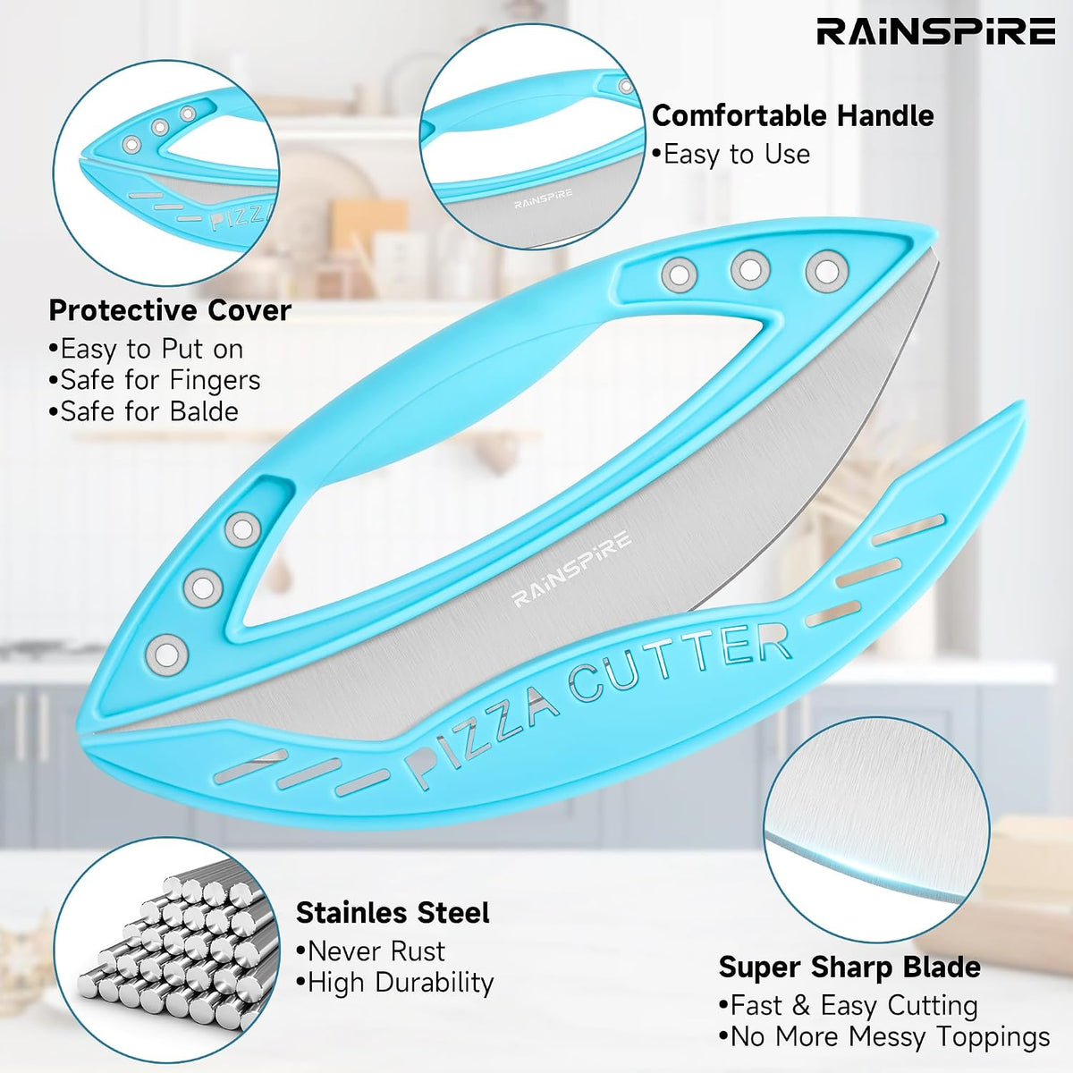 Rainspire 12" Pizza Cutter Rocker Blade Stainless Steel Pizza Rocker with Cover Sharp Blade Pizza Knife Dishwasher Safe Kitchen Gadgets Home Essentials, Black