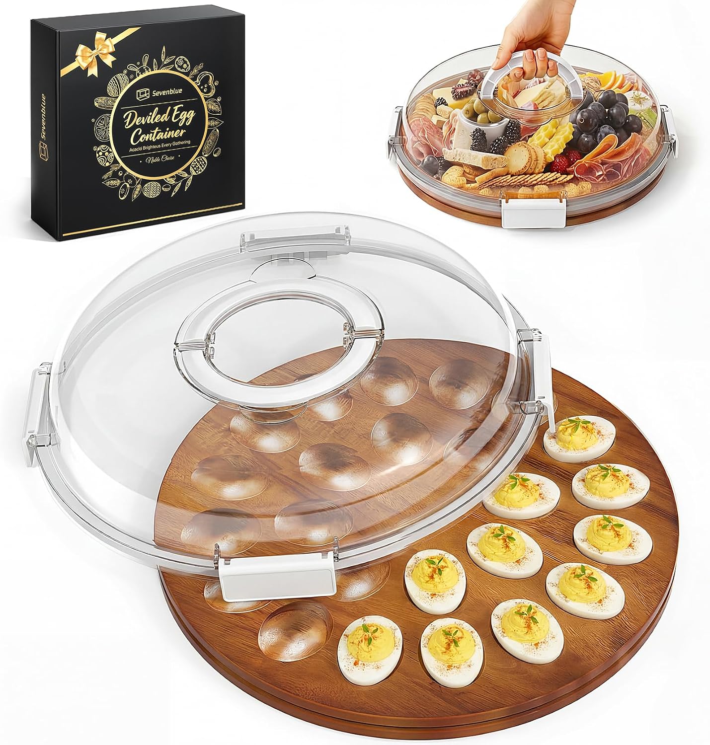 Sevenblue Acacia Wood Deviled Egg Containers with Lid and Handle, Portable Deviled Egg Platter for Easter, Potlucks & Party, Reversible Charcuterie Board Cutting Board