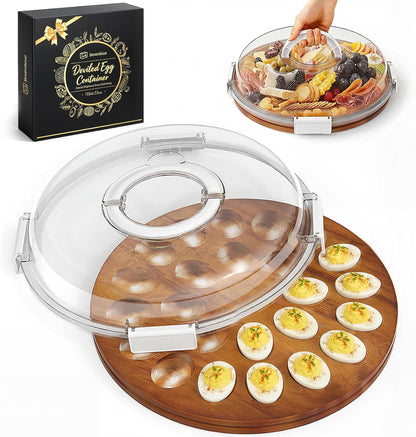 Sevenblue Acacia Wood Deviled Egg Containers with Lid and Handle, Portable Deviled Egg Platter for Easter, Potlucks & Party, Reversible Charcuterie Board Cutting Board