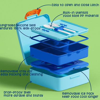 Fimibuke Chill Bento Box for Kids Adult, Leak Proof Toddler Lunch Box with Ice Pack Keep Food Cold, BPA Free 4 Compartment Lunch Container with Utensils for Girl Boy School, Microwave Dishwasher Safe