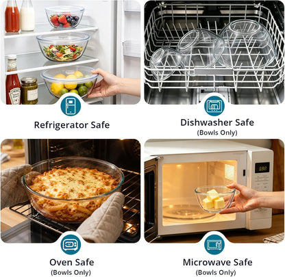 E-far Glass Mixing Bowls with Airtight Lids Set of 3, 4.8,2.9,0.8 Qt Clear Glass Salad Bowls for Cooking Prep Baking Serving, Large Nesting Bowls for Storage Sourdough Proofing, Dishwasher Safe