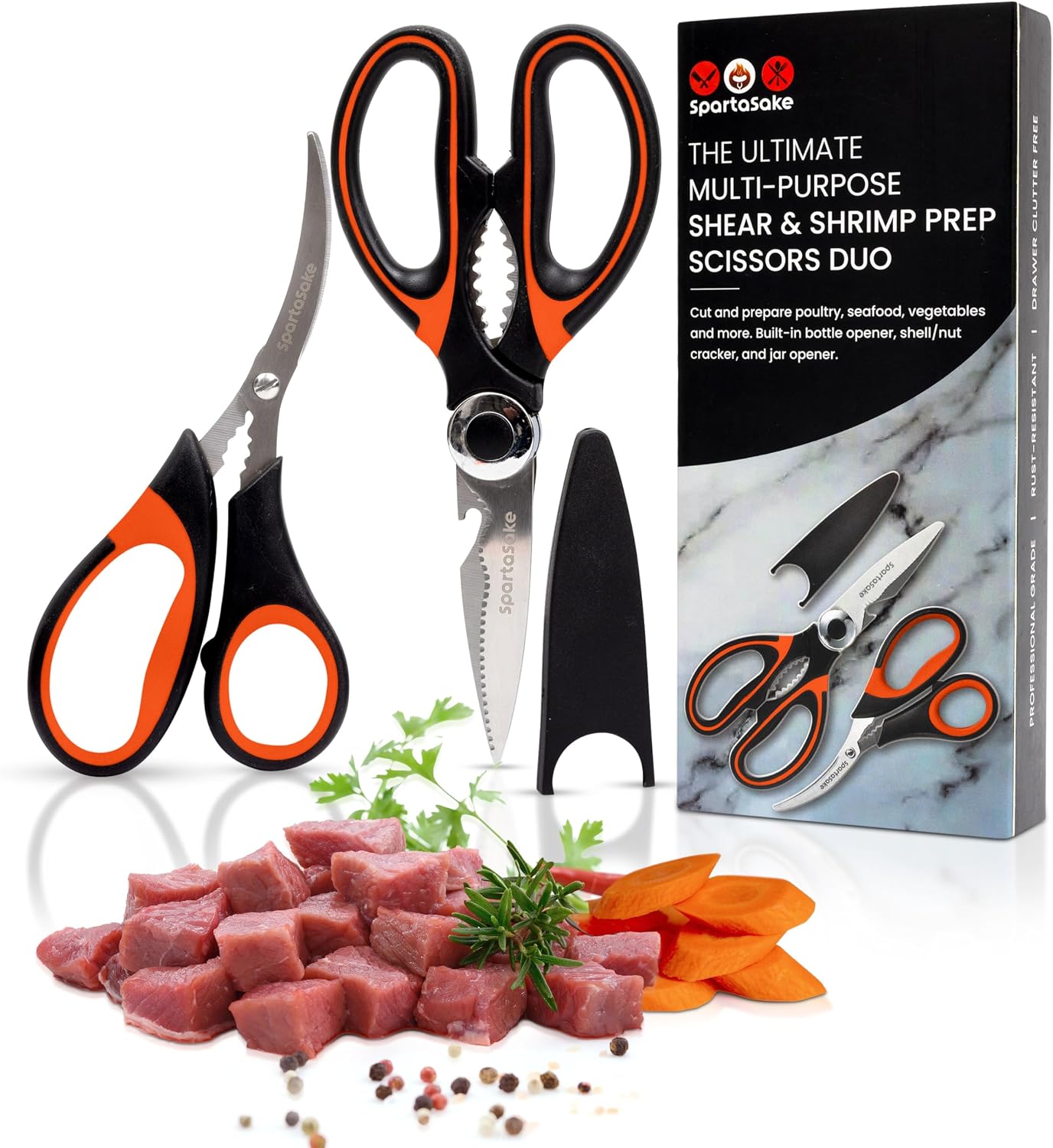 SpartaSake Premium Stainless Steel All Purpose Kitchen Shears with Sleeve - Heavy Duty Ultra Sharp kitchen Scissors for Food - Multipurpose Food Scissors for Meat Poultry Vegetable (Black-White)