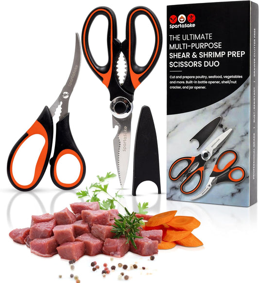 SpartaSake Premium Stainless Steel All Purpose Kitchen Shears with Sleeve - Heavy Duty Ultra Sharp kitchen Scissors for Food - Multipurpose Food Scissors for Meat Poultry Vegetable (Black-White)