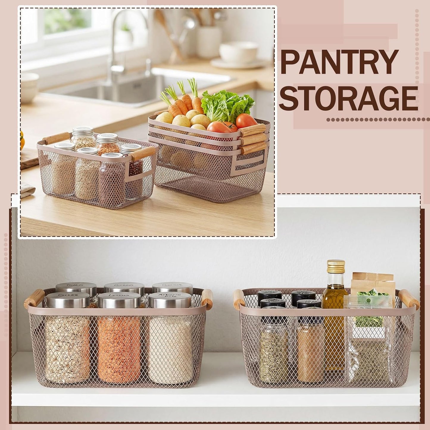 Mumufy 4 Pcs Metal Wire Basket with Wooden Handles Mesh Steel Organizer Bins for Pantry Closet Kitchen Cabinet Home Fridge Fruit Makeup Snacks Organization (Warm Tapue,Large)