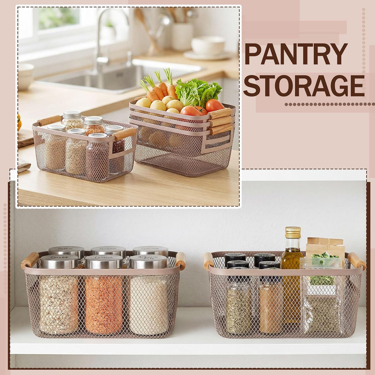 Mumufy 3 Pcs Metal Mesh Basket with Wooden Handles Wire Steel Organizer Bins Pantry Organizers Kitchen Baskets for Closet Cabinet Bathroom Fridge Food Snacks Organization (Warm Tapue,3 Sizes)