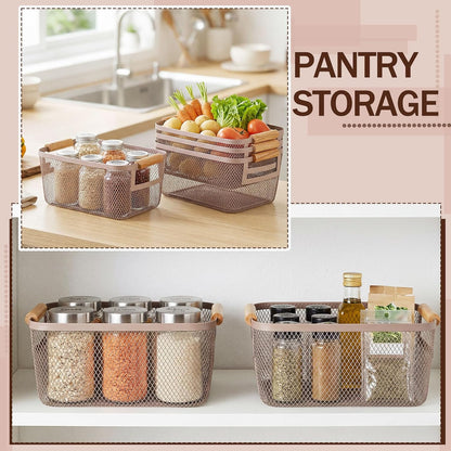 Mumufy 3 Pcs Metal Mesh Basket with Wooden Handles Wire Steel Organizer Bins Pantry Organizers Kitchen Baskets for Closet Cabinet Bathroom Fridge Food Snacks Organization (Warm Tapue,3 Sizes)