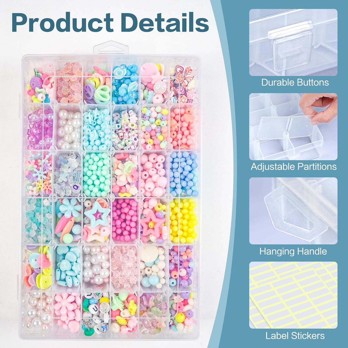 DILIBRA 5 Pack 36 Grids Large Plastic Organizer Box with Adjustable Dividers, Clear Craft Organizers Bead Organizers with Label Stickers, Compartment Container for Beads Crafts Jewelry Fishing Tackles