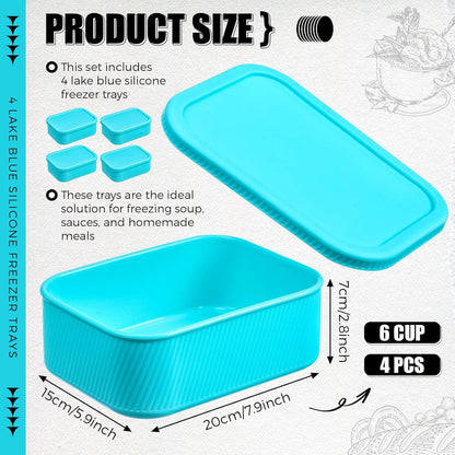 Nuogo 8 Pcs 6 Cup Silicone Freezer Trays with Lid Soup Containers Reusable Freezer Silicone Molds Rectangle Containers Ice Trays for Sauces Stews Curries, Lake Blue