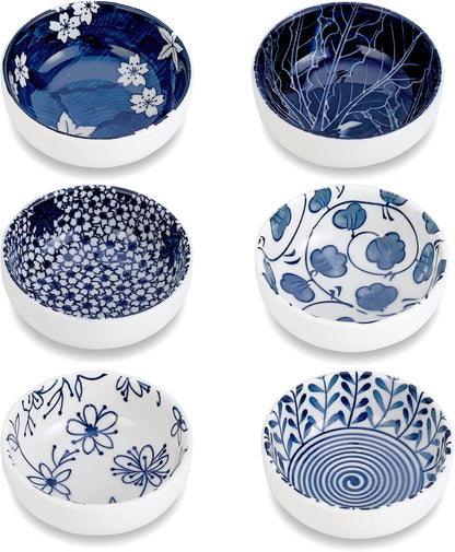 Japanese Style Ceramic Dipping Bowls,3'' Small Pinch Bowls Set Side Sauce Cups,Dishes for Sushi,Snack and Soy,BBQ,2.5 Oz Blue and White Mini Bowl for Kitchen Prep - Set of 6 (3 inch)