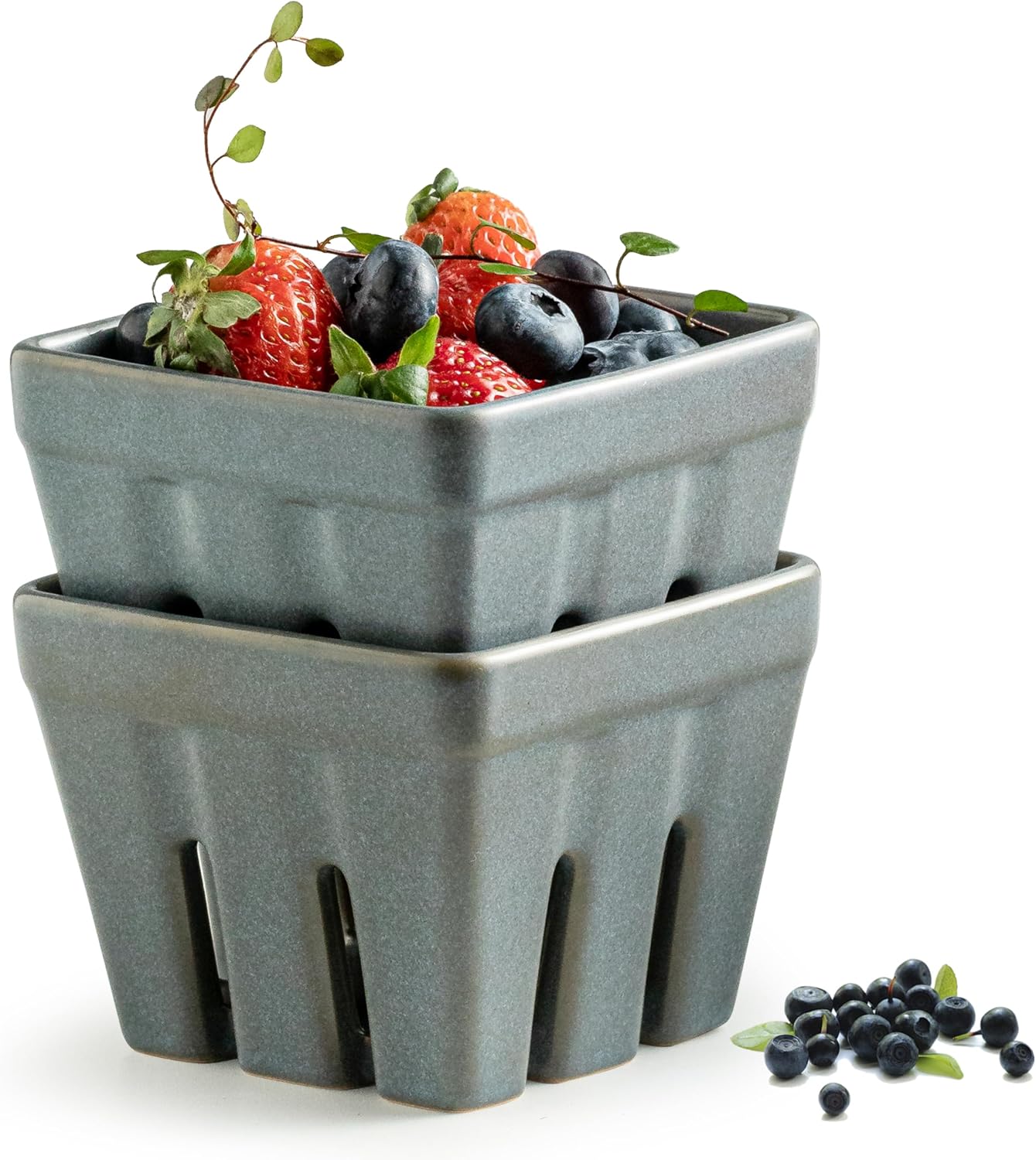 Gomakren Berry Bowls with Holes Ceramic, Berry Washing Bowl Basket Set of 2, 5.8 Inch Round Fruit Bowl Storage Containers, Strawberry Baskets, Farmhouse Kitchen Decor, Yellow + Brown