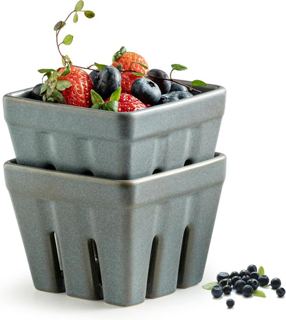 Gomakren Berry Bowls with Holes Ceramic, Berry Washing Bowl Basket Set of 2, 5.8 Inch Round Fruit Bowl Storage Containers, Strawberry Baskets, Farmhouse Kitchen Decor, Yellow + Brown