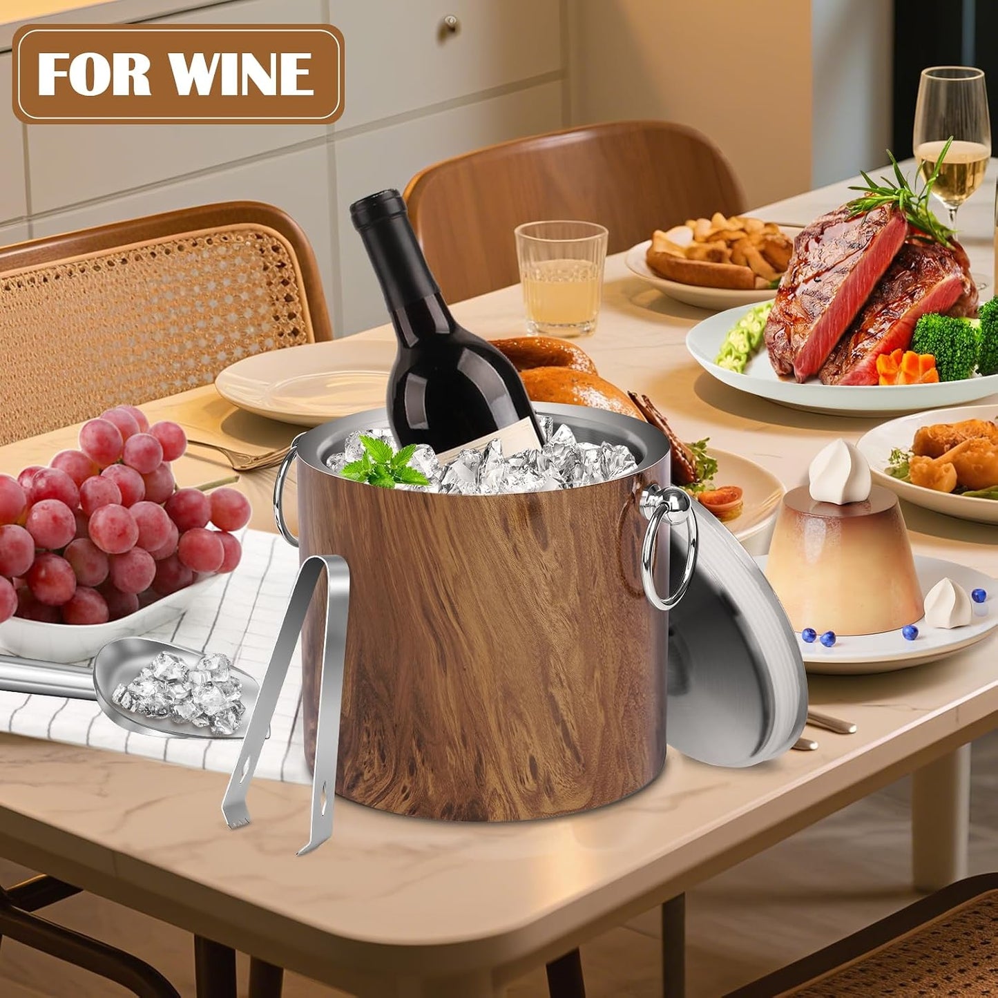 Ice Bucket with Lid & Tong- Well Made Insulated Stainless Steel Keep Ice Frozen Longer - Ideal for Cocktail Bar, Parties, Chilling Wine, Champagne - 3 Liter (Black)
