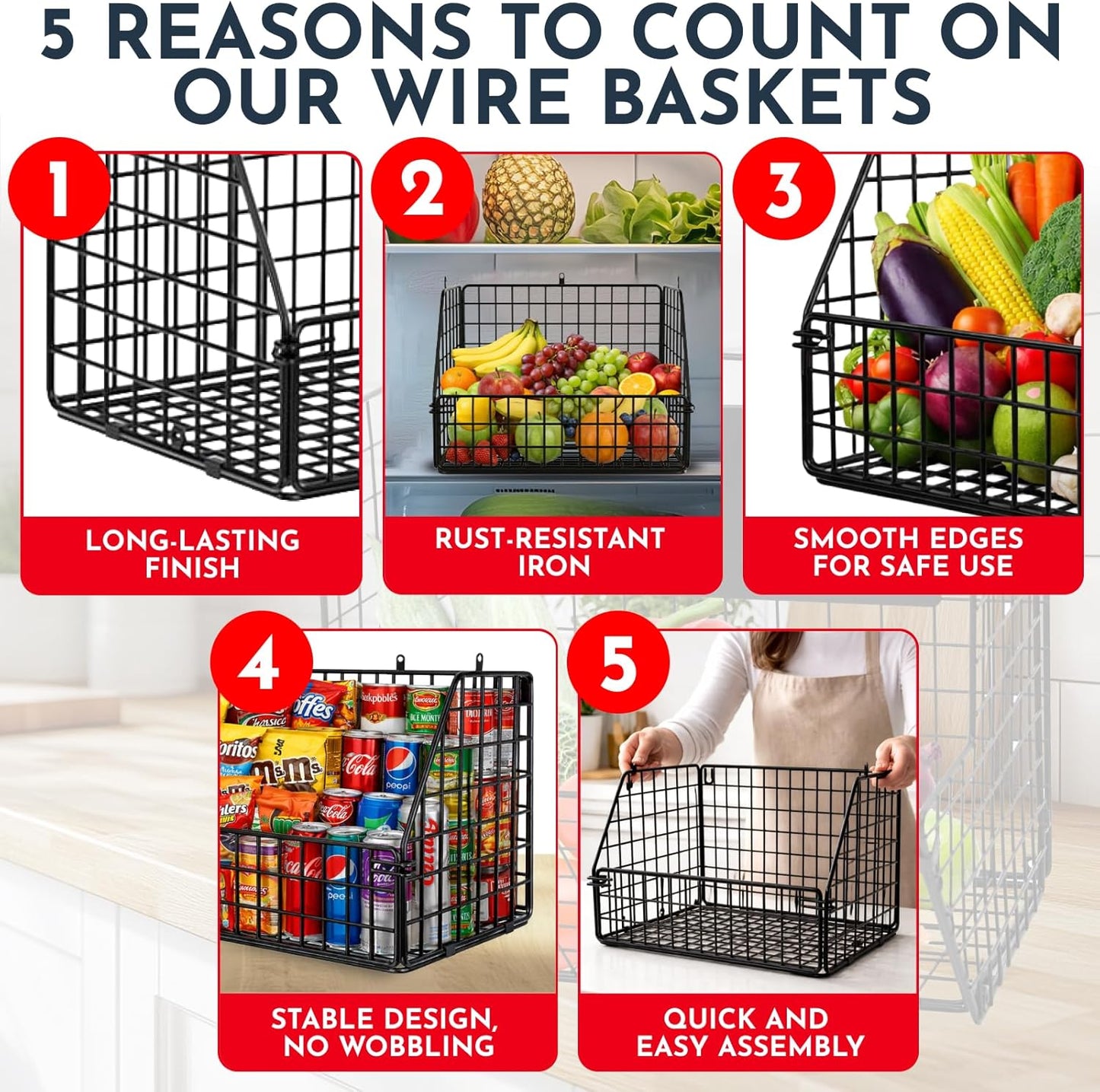 3-Tier Wall Hanging Fruit Baskets for Kitchen Organizing Fruits and Vegetables, Heavy-Duty Wall Basket for Storage, Wire Hanging Fruit Basket for Kitchen & Pantry