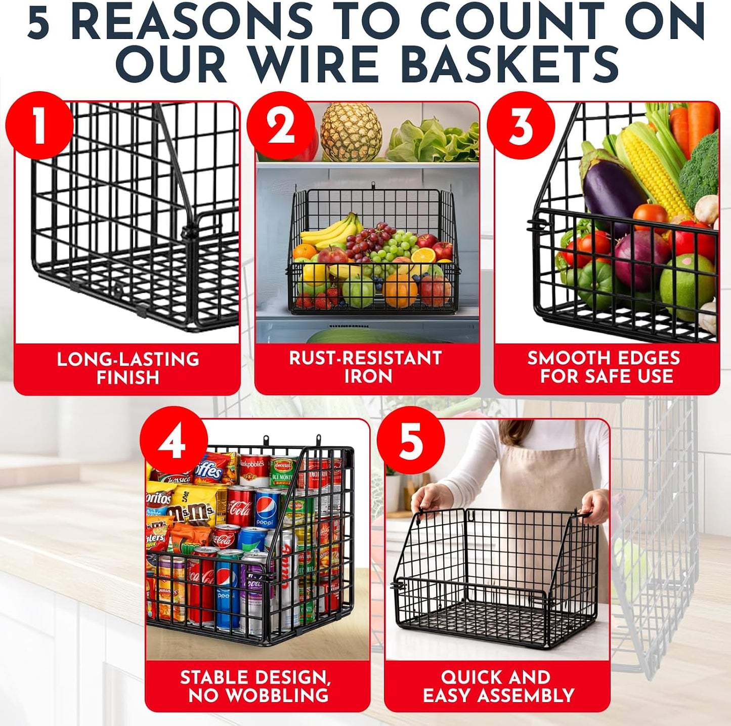 3x Stackable Hanging and Counter Baskets, Hanging Fruit Baskets for Kitchen