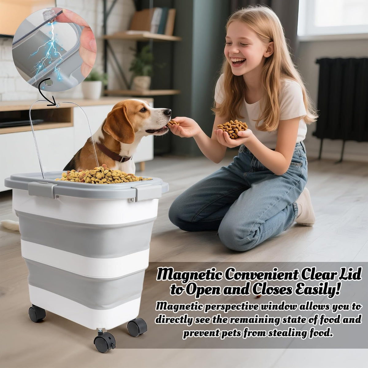 MALLMALL6 Dog Food Storage Container - Collapsible Pet Food Container with Spinner Wheels Scoop and Drying Box, Airtight Multifunctional Exlarge 20-30 LB Food Storage for Kitchen Dry Food Rice