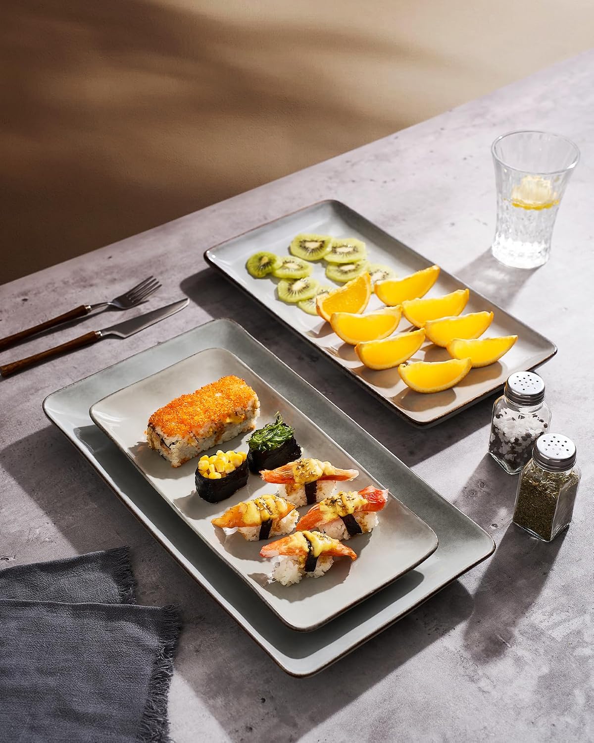 Famiware Serving Platter, Rectangular 15.67/14.1/12.6inch Serving Dishes for Entertaining, Microwave Dishwasher Safe, Stoneware Serving Trays for Party, Turkey, Cheese, Ocean Series, Cappuccino White