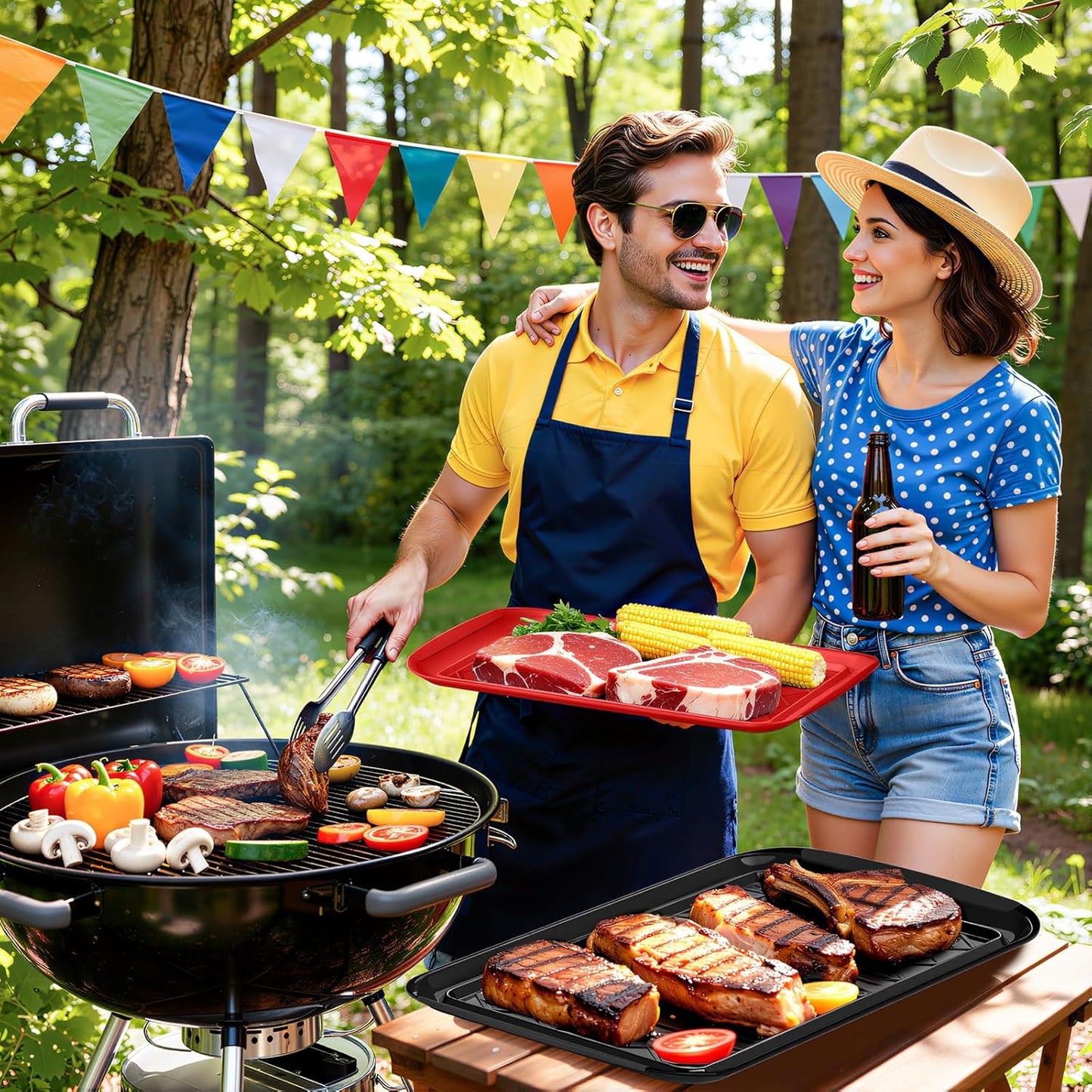Grilling Prep & Serve Trays for Party- Set of 2, Large Serving Platters for Raw and Cooked Food, Dishwasher Safe, 17"×10.5" Stackable Plastic Party Supplies for Grilling, BBQ, Meal Prep - Green, Black