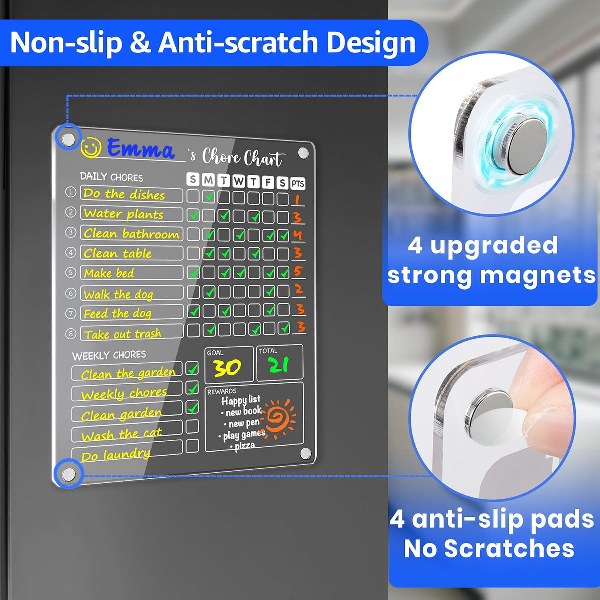 PigPotParty Acrylic Magnetic Chore Chart for Adults, 12x9.5 Inch Clear Dry Erase Chore Board for Fridge, Daily Weekly and Notes Sections, Pre-Installed Embedded Magnets, 8 Fine-tip Markers and Towel