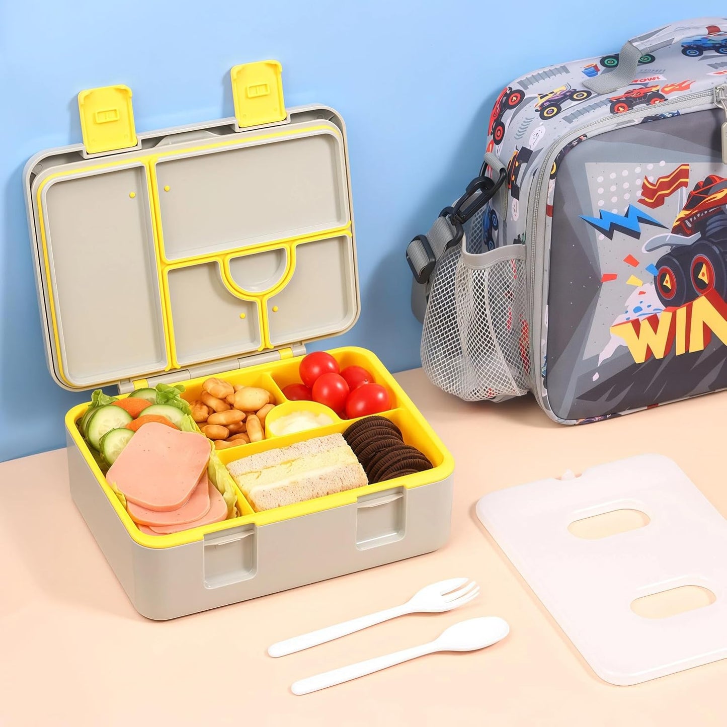 rockpapa Chill Bento Box for Kids- Large 5.5 Cups Lunch Box with Ice Pack - 5 Compartments, BPA-Free, Leak Proof, with Utensils & Portable Handle, Microwave/Dishwasher Safe (Purple Butterfly)