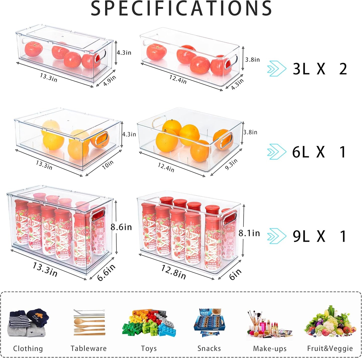 3Pack Fridge Organizer Drawer Divider Cube Pull-Out Bins Clear Food Container Refrigerator Storage box Produce Saver for Pantry Kitchen Cabinet