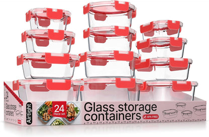 Bakken Borosilicate Glass Food Storage Containers with Lids 24 Pieces, BPA-Free Stackable Lunch & Leftover Containers, Microwave, Freezer & Dishwasher Safe, 100% Airtight Leak-Proof, Gray