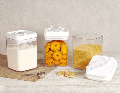 Felli Flip Tite Acrylic Food Storage Container with Lid 6” XL Air Tight Ring Seal Flip Top, Plastic Kitchen Baking Canister for 5 lb Flour Sugar Rice Protein Powder Pantry Organizer (Nest-M, White)