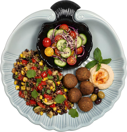 Servo Best Grey Ceramic Chip and Dip Platter, Shell Design Appetizer Serving Tray with Built-In Dip Bowl, Sectioned Snack Platter for Chips Salsa Veggies, Party Entertaining Serveware Gift