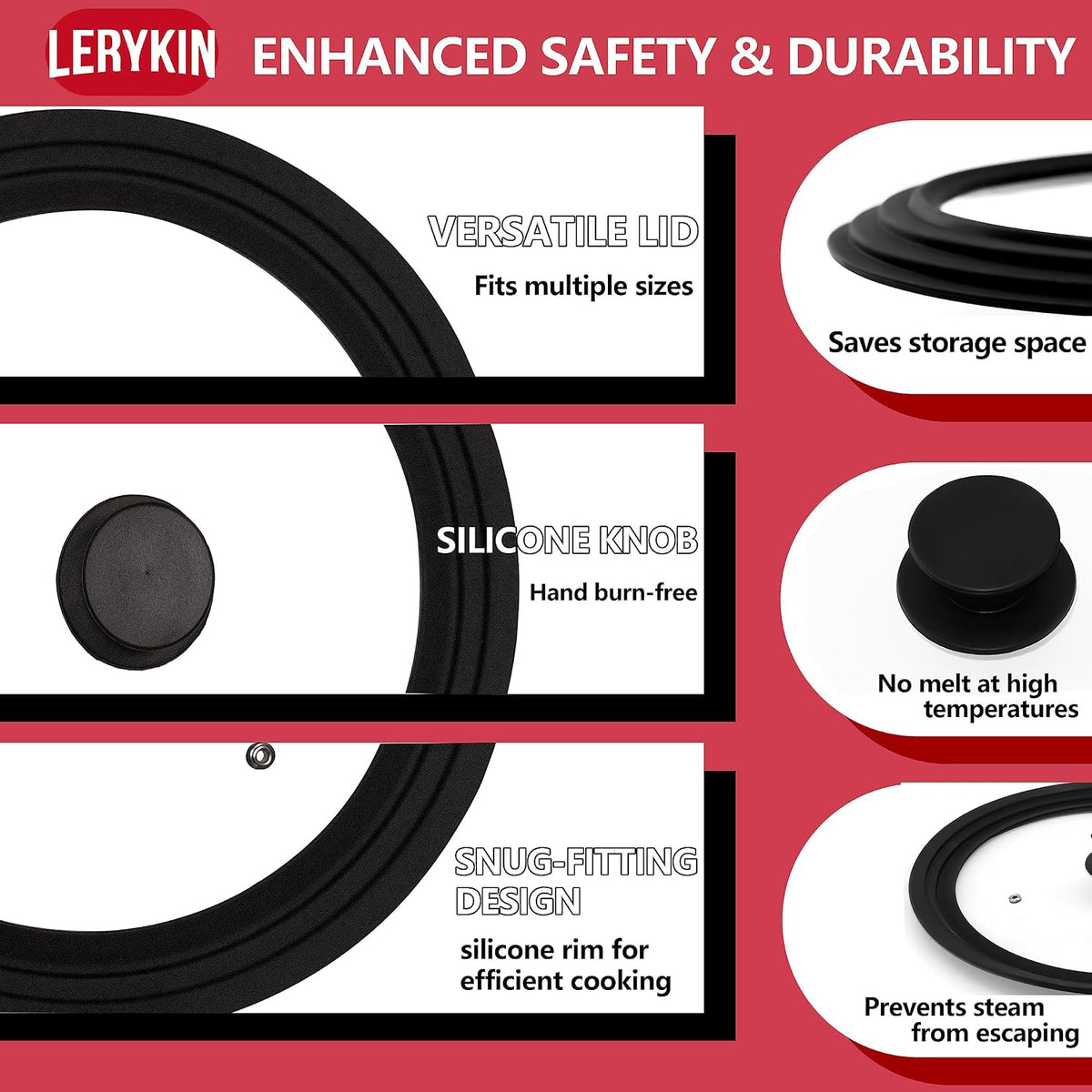 Lerykin Tempered Glass Lid - Universal Lid with Heat Resistant Silicone Rim for Pots, Pans and Skillets - Pan Cover Replacement Lid Fits 9.5", 10" and 11" Diameter Cookware