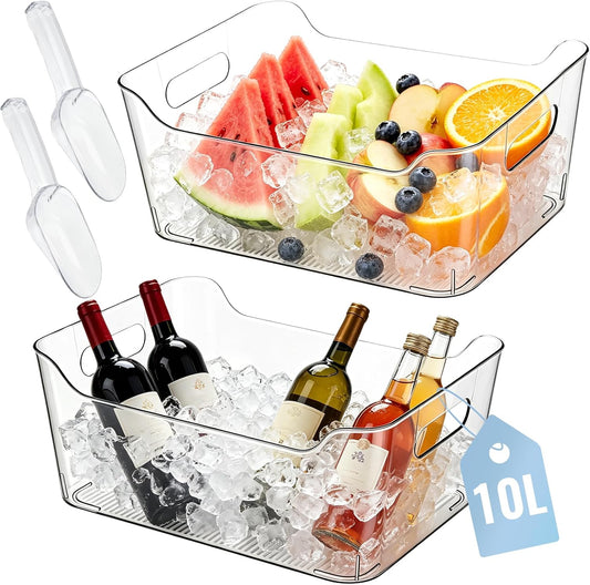 2 Sets Ice Buckets for Parties, 10L Large Beverage Tub with Scoops, Thickened Plastic Clear Champagne Bucket for Beverage, Wine, Beer, Mimosa Bar Supplies
