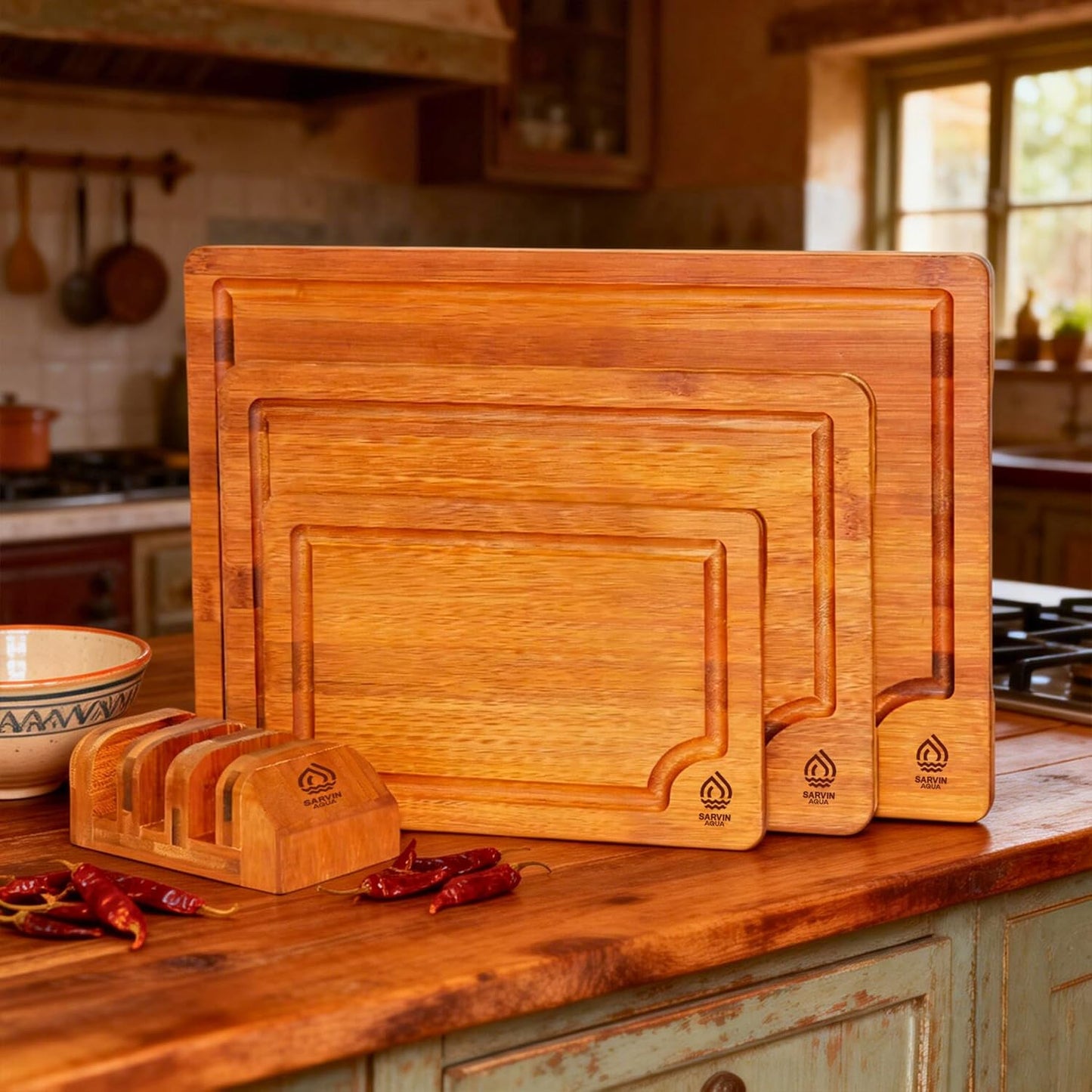 Bamboo Cutting Board Set of 3, Wooden Cutting Boards for Kitchen with Holder for Countertops, Solid Thick Wood Chopping Boards with Juice Grooves and Non Slip Feet for Chopping Meat Vegetables Fruits