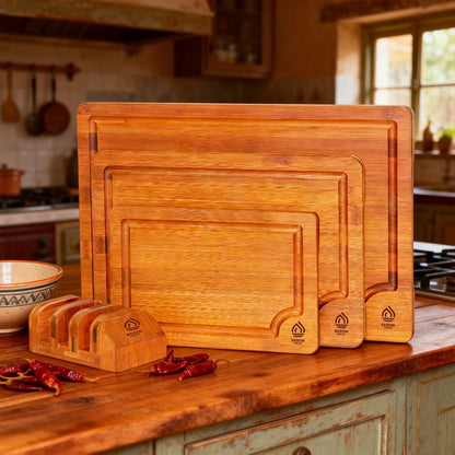 Bamboo Cutting Board Set of 3, Wooden Cutting Boards for Kitchen with Holder for Countertops, Solid Thick Wood Chopping Boards with Juice Grooves and Non Slip Feet for Chopping Meat Vegetables Fruits