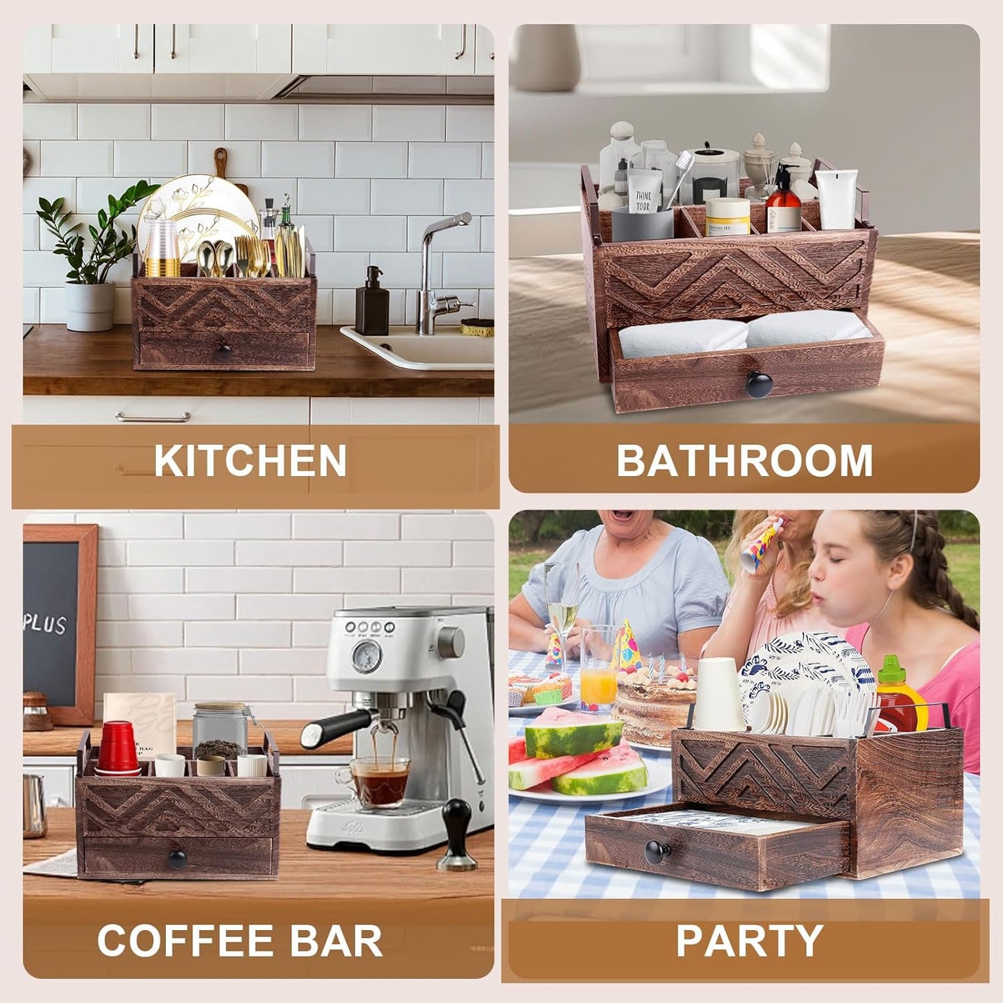 Paper Plate Dispenser with Drawer, country style Wood Kitchen Counter, Picnic, Party, Camping - Caddy Organizer for Cups, Spoons, Forks, Plates, office supplies, Napkins & Silverware