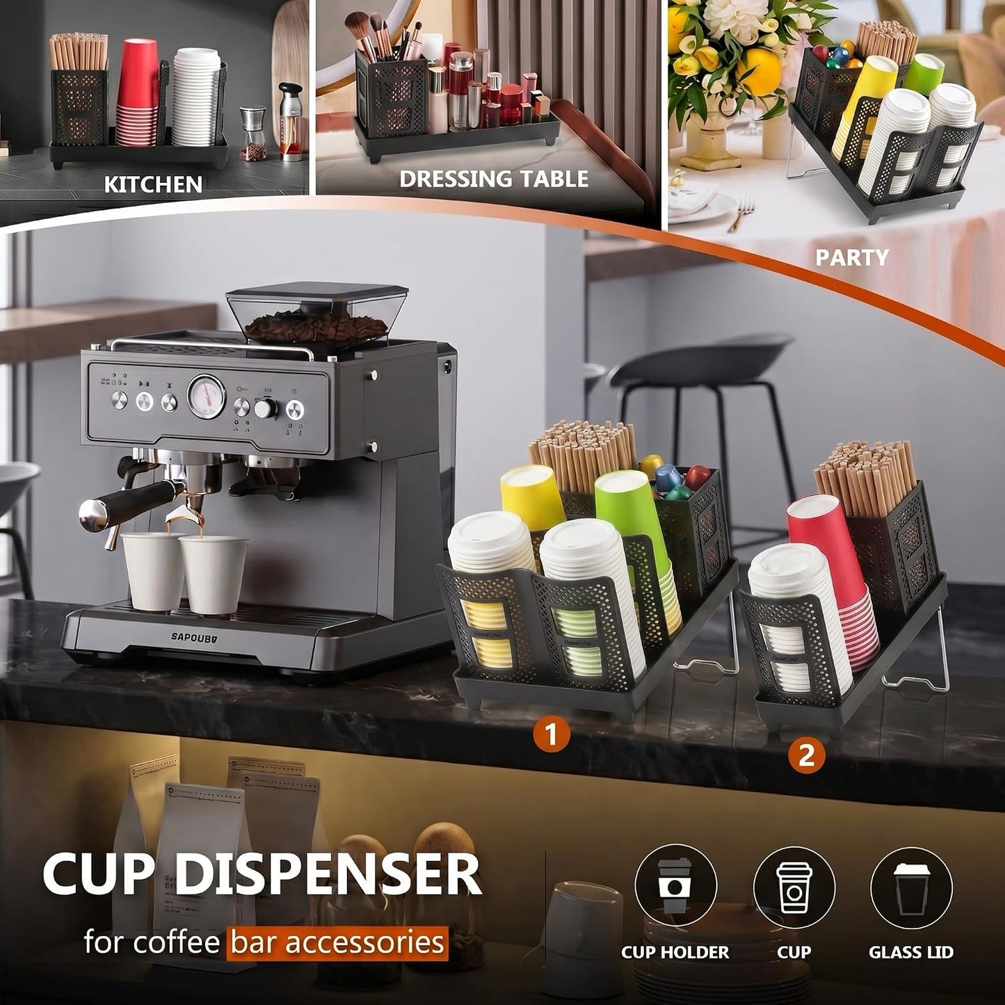 Paper Cup and Lid Holder, Disposable Coffee Cup Dispenser, 3-Slot Upright Paper Cup Dispenser for Coffee Stations, Kitchens, Bars, Restaurants, Lounges (Black)