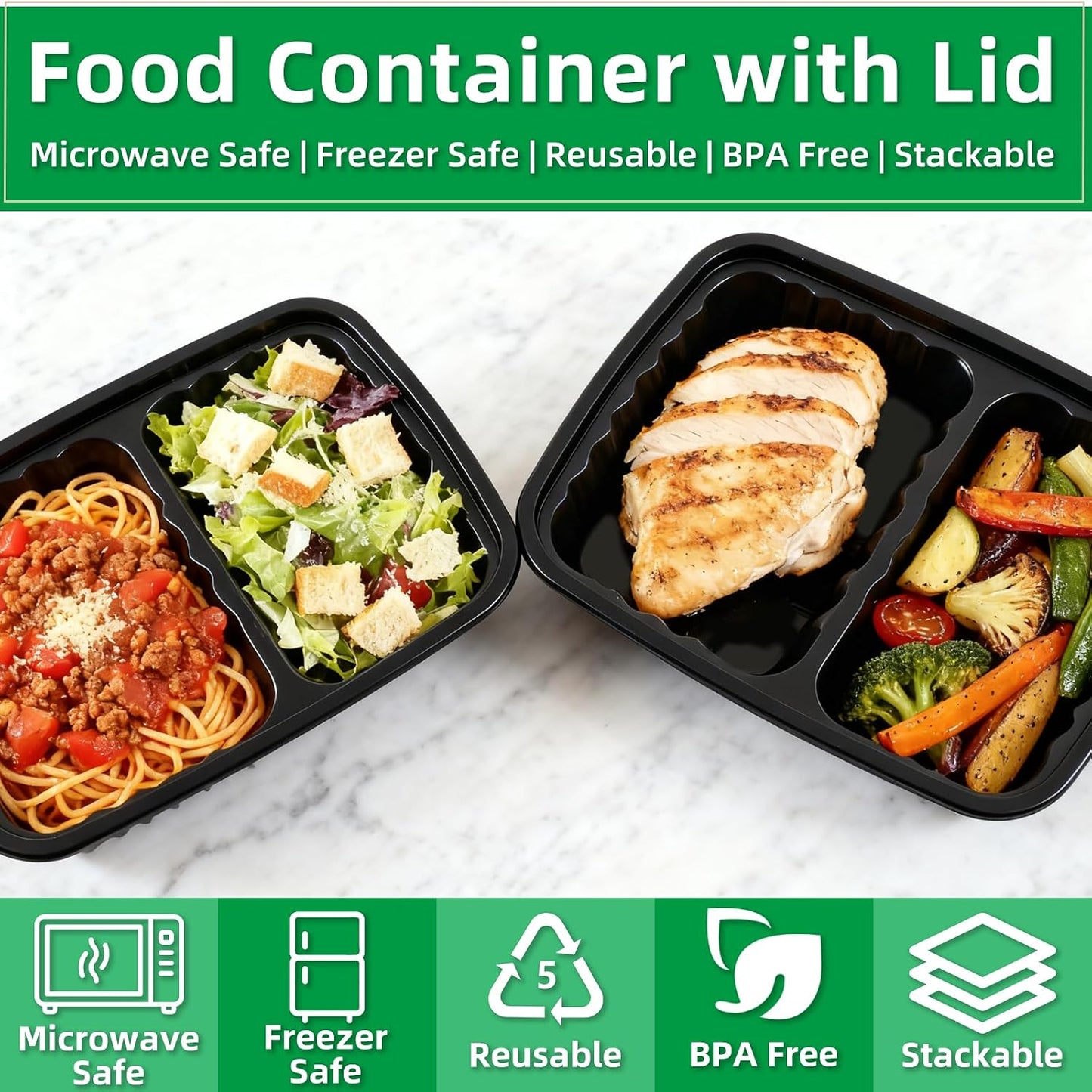 Meal Prep Containers 2 Compartment 15 Pack, 28 oz Divided Reusable Food Storage Containers with Lids Takeout Food Storage Containers Black, Microwave Dishwasher Freezer Safe, Stackable, BPA Free