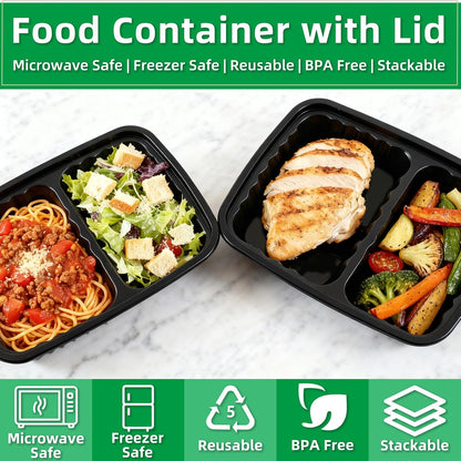 Meal Prep Containers 2 Compartment 15 Pack, 28 oz Divided Reusable Food Storage Containers with Lids Takeout Food Storage Containers Black, Microwave Dishwasher Freezer Safe, Stackable, BPA Free