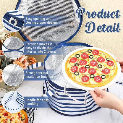 Pickmesh Round Pie Carrier 12 x 7 Inch Insulated Casserole Carriers with Lid and Detachable Handle for Hot or Cold Food Cake Transport Thanksgiving Christmas Gift(Cyan White Zigzag)