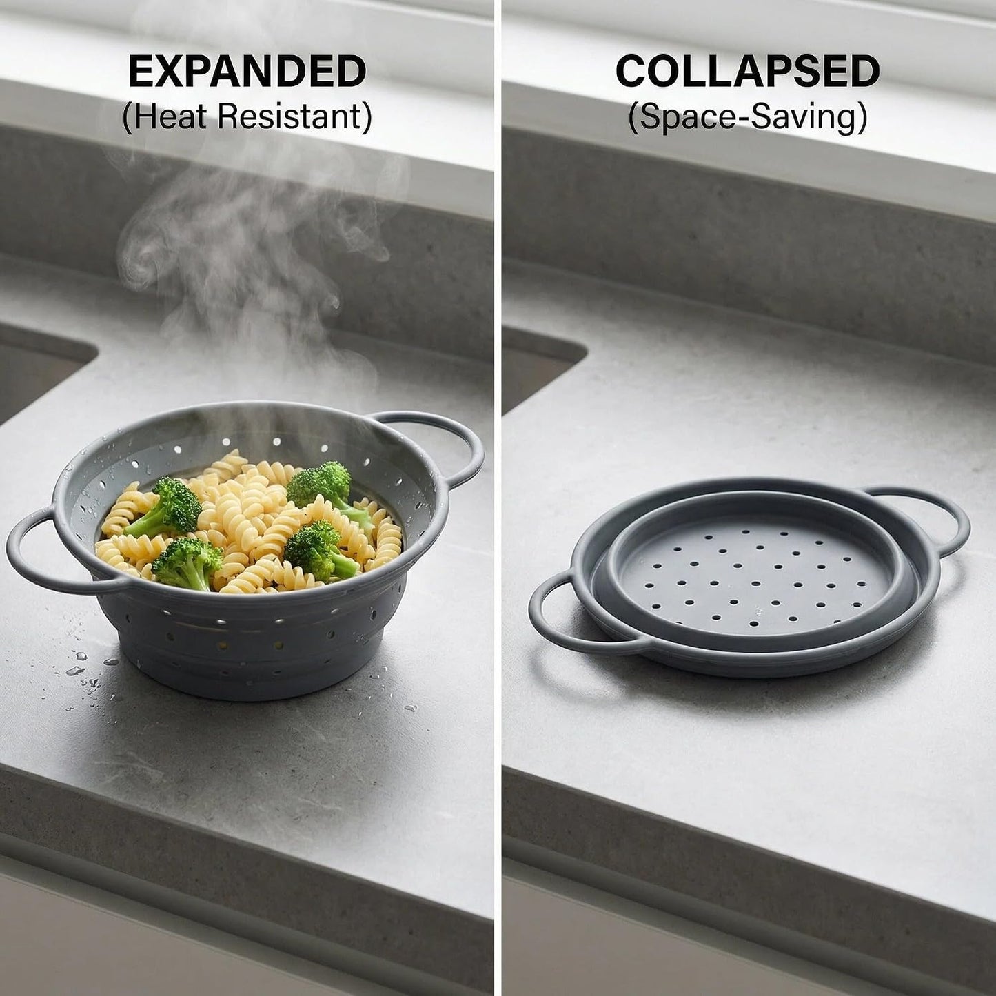 Collapsible Silicone Colander with Handles, Round Strainer with Stainless Steel Rim, Space Saving Kitchen Tool for Fruits & Vegetables,BPA-Free,Heat-Resistant Pasta Drainer(White, L)