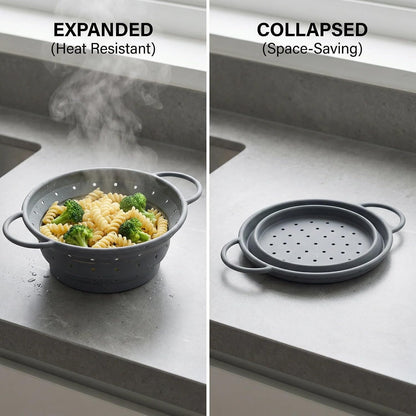 Collapsible Silicone Colander with Handles, Round Strainer with Stainless Steel Rim, Space Saving Kitchen Tool for Fruits & Vegetables,BPA-Free,Heat-Resistant Pasta Drainer(White, L)