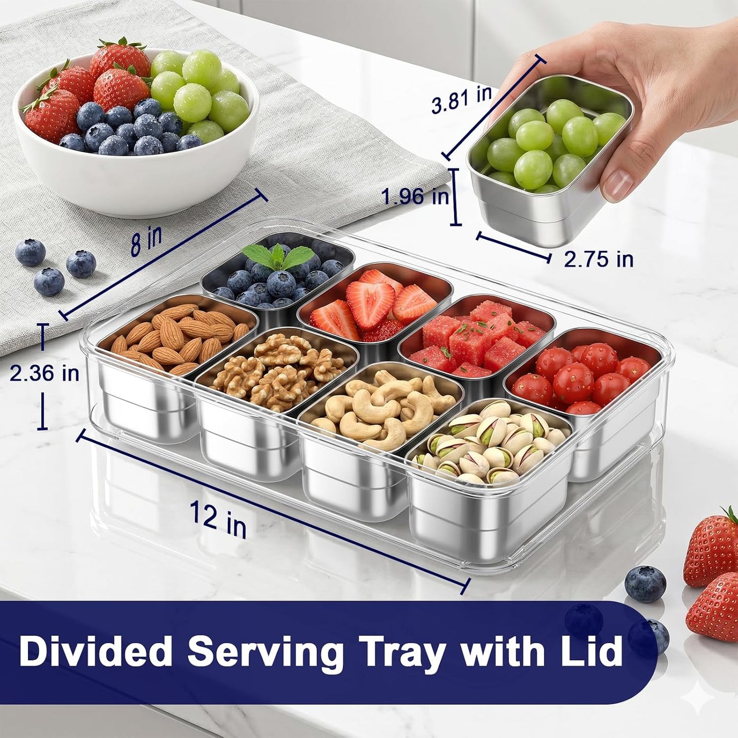 Stainless Steel Snackle Box Container, Divided Serving Tray | 8-Compartment with Lid and Handle, Large Snack Tray for Fruit Veggie Candy