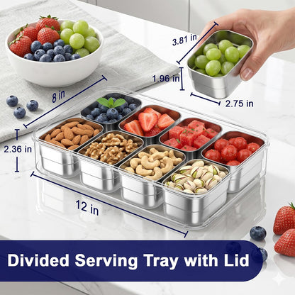 Stainless Steel Snackle Box Container, Divided Serving Tray | 8-Compartment with Lid and Handle, Large Snack Tray for Fruit Veggie Candy