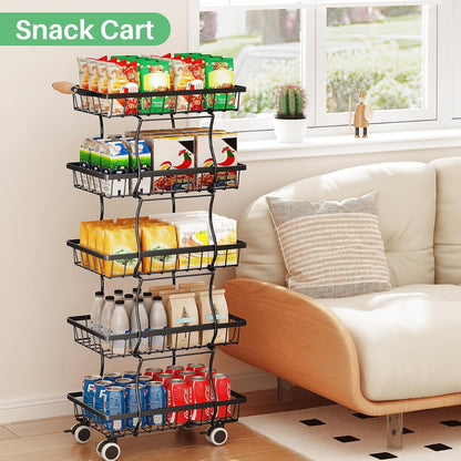 SAYZH Fruit Basket Kitchen Pantry Organizers and Storage - 4 Tier Stackable Metal Wire Basket Stand for Fruit Vegetable Snacks Jars Bins Containers Organization(Black, 4 Tiers)