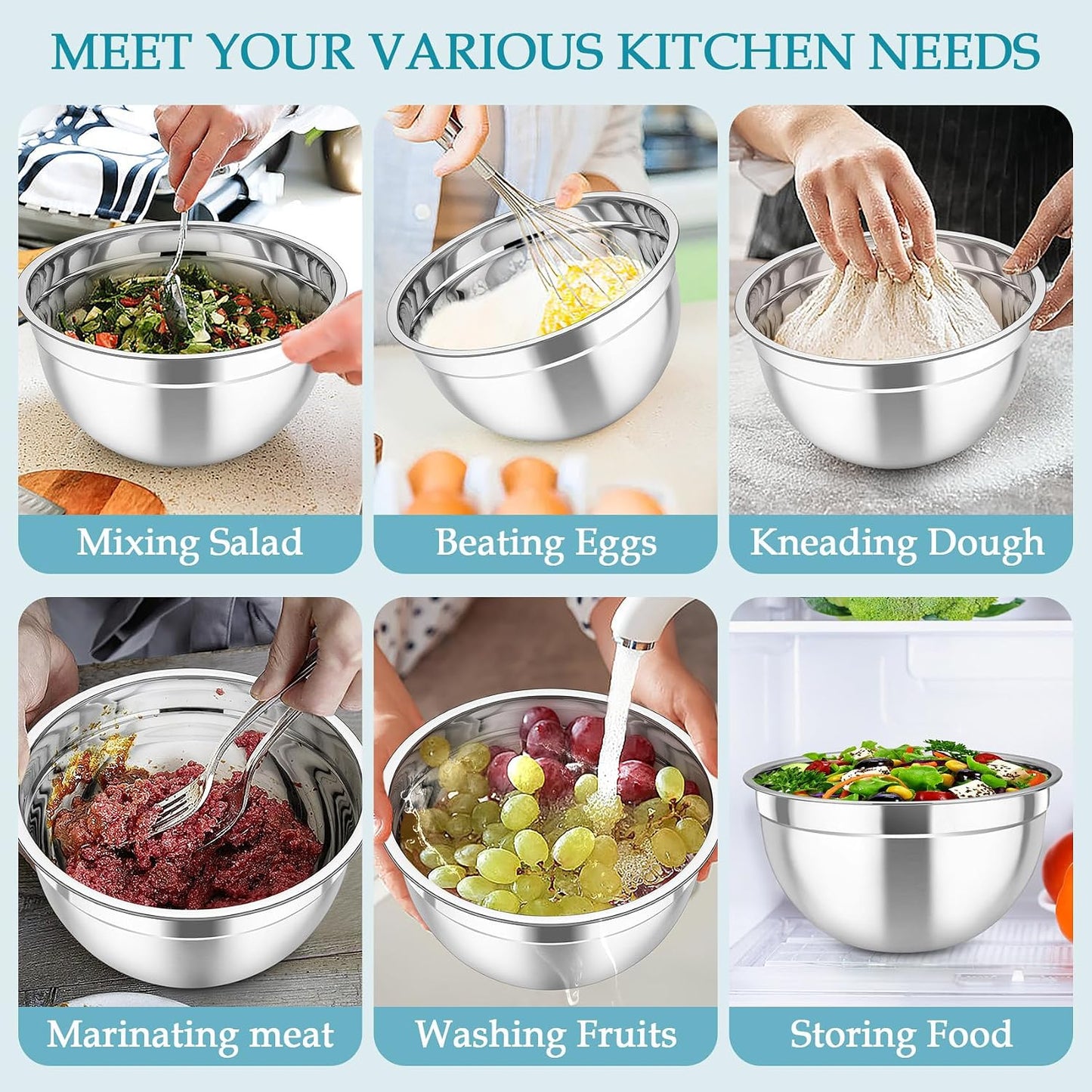 TeamFar Mixing Bowls, Stainless Steel Nesting Salad Bowls with Lids Set of 3 & 3 Grater Attachments, For Mixing/Serving/Storing, Non-toxic & Long-lasting, Size 4.6/3 / 1.5 QT, Black