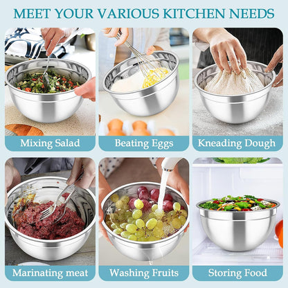 TeamFar Mixing Bowls, Stainless Steel Nesting Salad Bowls with Lids Set of 3 & 3 Grater Attachments, For Mixing/Serving/Storing, Non-toxic & Long-lasting, Size 4.6/3 / 1.5 QT, Black