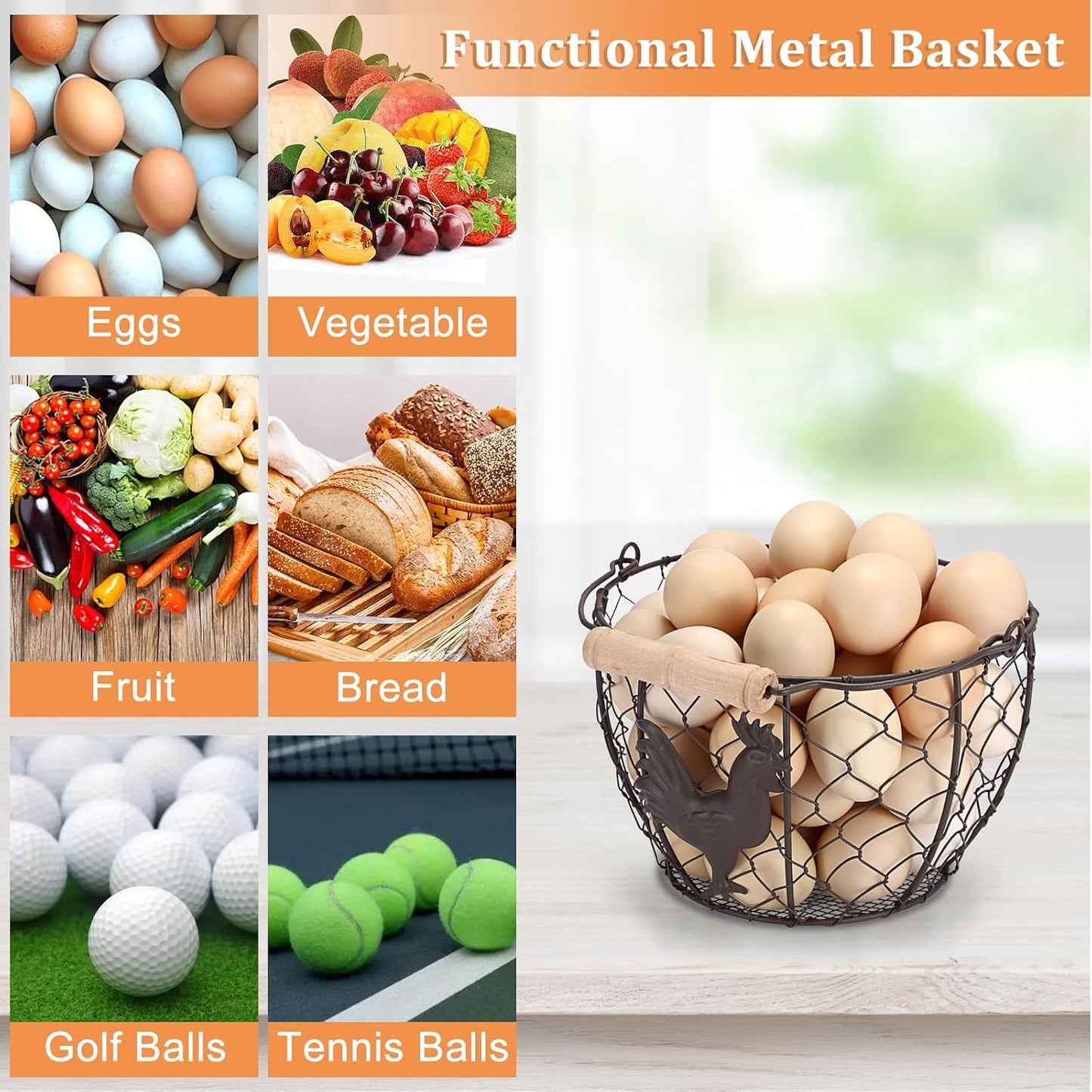 3 PCS 8’’ Farmhouse Egg Collecting Basket with Wood Handle, Rustic Metal Wire Chicken Eggs Holder Basket for Countertop Kitchen, Wire Egg Basket Vintage Style, Round, Rooster Pattern