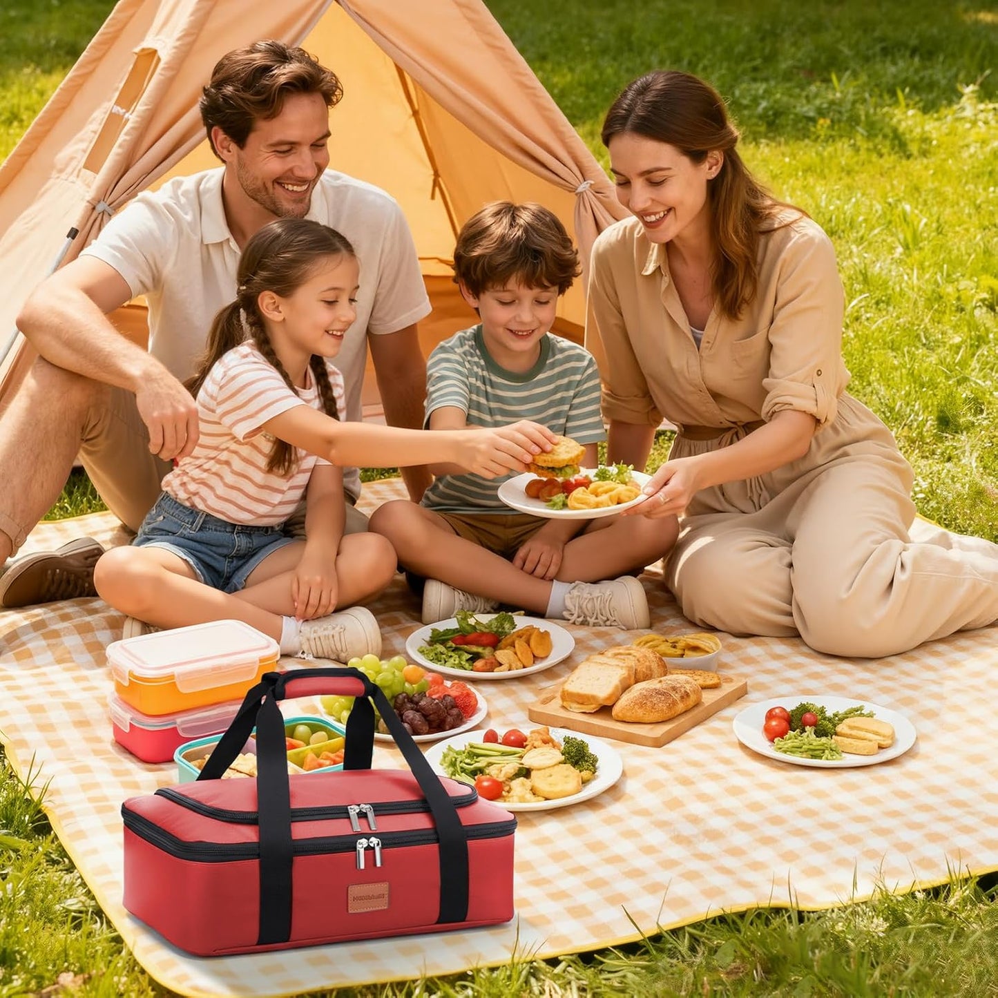 Insulated Casserole Carrier, Double Decker Food Carriers for Hot or Cold Food, Portable Leakproof Thermal Bag for Travel/Potluck Parties/Picnic/Cookouts (Red)